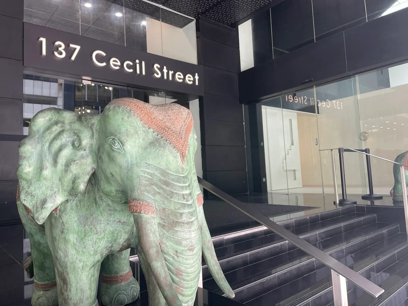 Bronze elephant statue beside the 137 Cecil Street entrance of Cecil Building
