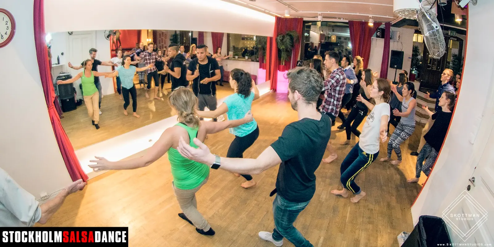 Group salsa class in progress at Stockholm Salsa Dance