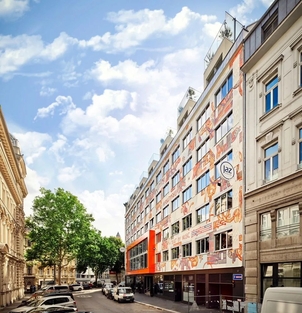 Jaz in the City Vienna hotel exterior with colorful street art facade