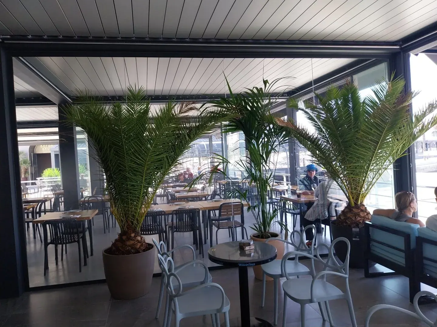 Covered terrace dining area at William Buzz Alicante with palm decor and marina views