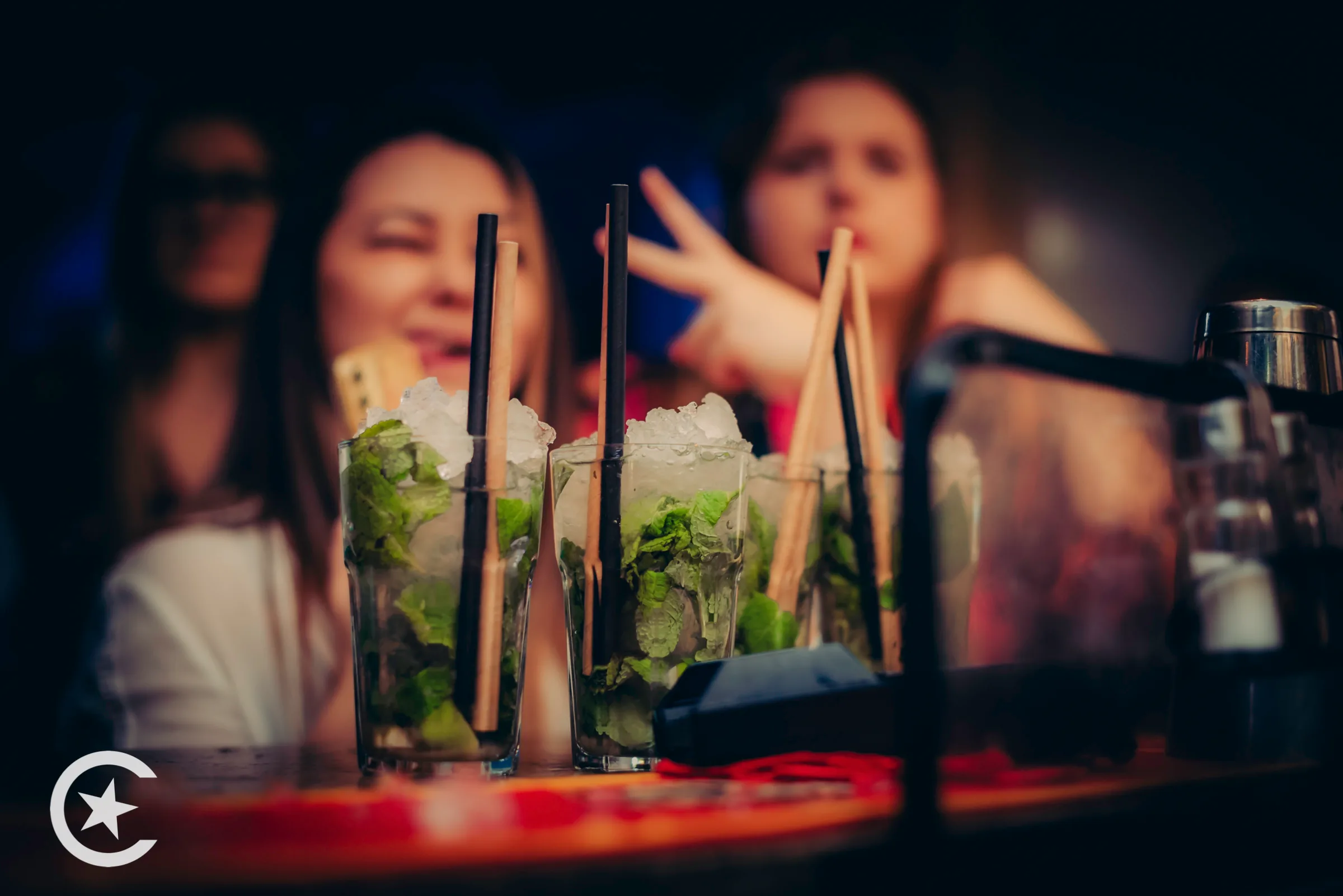 Mojito cocktails on the bar at Cuba Libre Latin Dance Club in Poznan during a Latin dance party