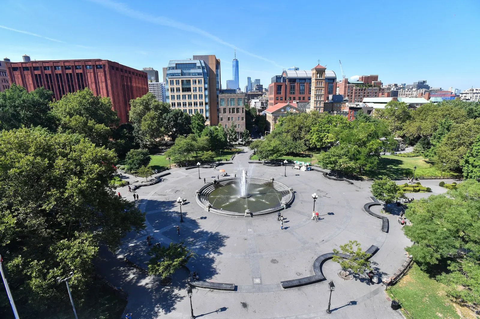 Elevated view of the fountain plaza and skyline at Washington Square Park, New York