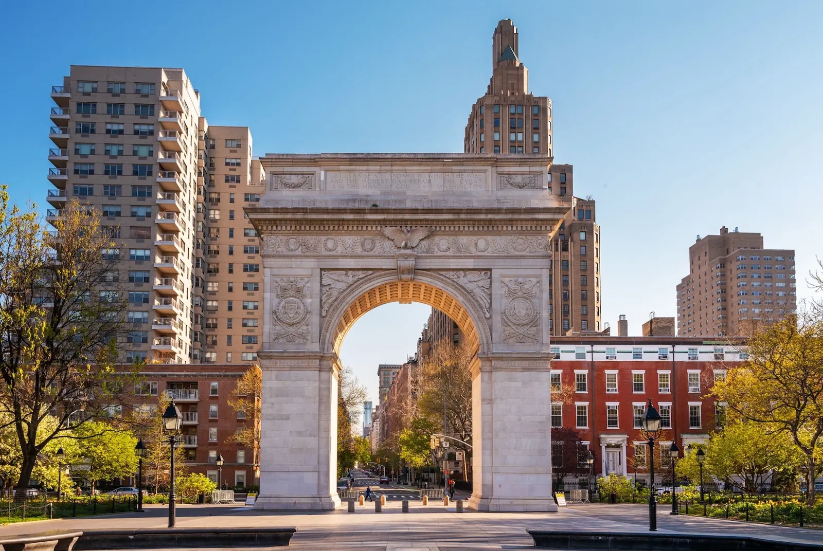 Washington Square Park arch seen across the empty plaza in New York