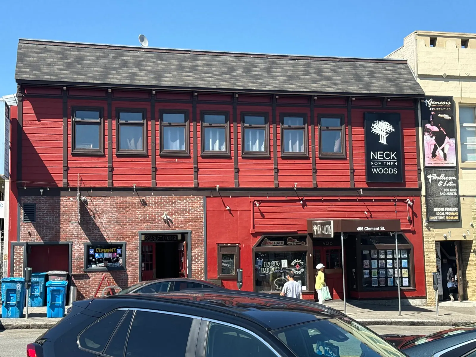 Exterior facade of Neck of the Woods venue with branded signage in San Francisco